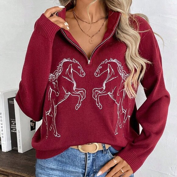 Burgundy Casual Women's Horse Print Half  Zipper Dropped Shoulder sweater - Picture 1 of 6